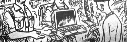 Two explorers in safari attire showing a laptop to an indigenous person in a jungle setting.