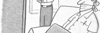 A cartoon depicting a couple discussing their relationship while a man sits on the couch with a gag over his mouth.