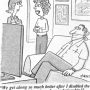 A cartoon depicting a couple discussing their relationship while a man sits on the couch with a gag over his mouth.