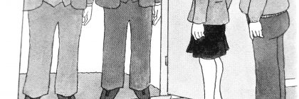 Two FBI agents holding badges stand at a door while a woman looks at them.