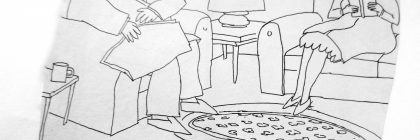 A cartoon depicting a couple sitting in a living room, with a humorous dialogue about their relationship.