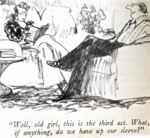 A cartoon depicting a man and a woman engaged in conversation in a living room setting.