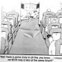 Cartoon depicting the interior of an airplane with passengers and a pilot at the controls.