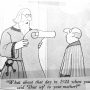A cartoon depicting a historical figure holding a scroll while speaking to a man in a suit.