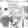 Cartoon depicting a flight attendant giving unusual safety instructions about a peanut pack as a flotation device.