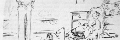 A cartoon depicting a child speaking to a parent about punishment while surrounded by scattered toys.