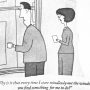 A cartoon depicting a man holding a cup and a woman holding a note, both looking out a window.
