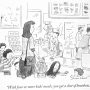 A cartoon depicting a fast food restaurant with a woman and children ordering meals at the counter.