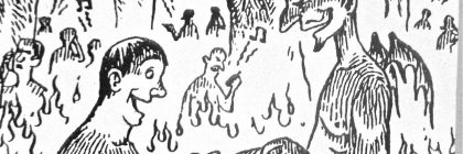 Black and white comic illustration depicting a conversation about cell phones in a hellish setting.
