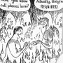 Black and white comic illustration depicting a conversation about cell phones in a hellish setting.