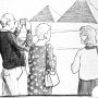 Three tourists looking at the pyramids in the distance while discussing a buffet in Las Vegas.