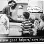 A vintage black and white image of a woman and two children in a kitchen, with a speech bubble saying 'That'll be fifty bucks!'