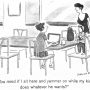 A cartoon depicting a woman on a laptop while a child stands beside her, with another woman asking a question.