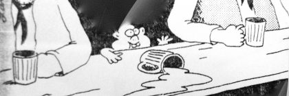 Black and white cartoon depicting characters at a bar with one character saying, 'So... You must be the one they call 'The Kid.''