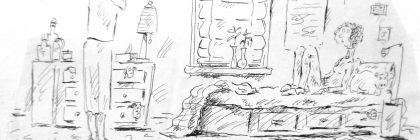 A black and white sketch depicting two figures in a bedroom setting with a bed and furniture.