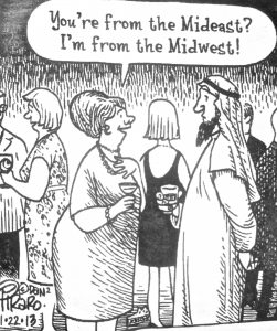 Cartoon depicting a woman and a man in traditional Middle Eastern attire conversing at a social gathering.