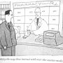 Cartoon depicting a pharmacist speaking to a customer at a pharmacy counter.