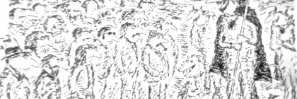 Cartoon illustration depicting a crowd of animals listening to a leader holding a staff.