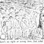 Cartoon illustration depicting a crowd of animals listening to a leader holding a staff.