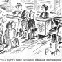A cartoon depicting passengers waiting in an airport with a frustrated expression at the ticket counter.