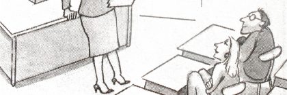 A cartoon depicting a teacher speaking to parents about their son Maxwell in a classroom setting.