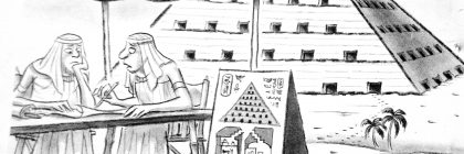 Two ancient Egyptian figures discussing occupancy rates at a table outside a pyramid.