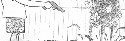 Cartoon illustration of a man in shorts holding a gun while facing a weed whacker in a garden.