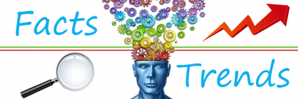 Illustration of a blue human head with colorful gears and arrows representing facts and trends.