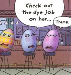 Three cartoon eggs sitting on stools in a bar, with one egg making a comment about another's appearance.