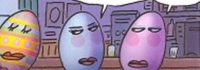 Three cartoon eggs sitting on stools in a bar, with one egg making a comment about another's appearance.