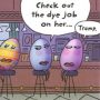 Three cartoon eggs sitting on stools in a bar, with one egg making a comment about another's appearance.