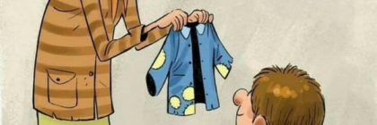 A cartoon illustration of a mother presenting a shirt to her child, who stands in front of her with a backpack.