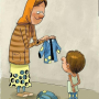 A cartoon illustration of a mother presenting a shirt to her child, who stands in front of her with a backpack.