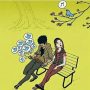 A cartoon illustration of a boy and a girl sitting on a bench with Twitter icons above the boy's head.