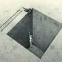 Surreal illustration depicting a person reaching up from a square pit while another person stands above with a ladder.