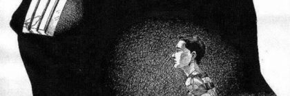 Artistic illustration depicting a person sitting in a prison cell within a silhouette of a head.
