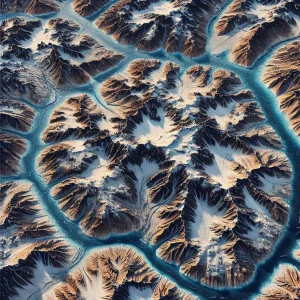 Aerial view of rugged mountainous terrain with glacial water in between the peaks.