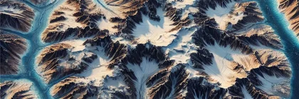Aerial view of rugged mountainous terrain with glacial water in between the peaks.
