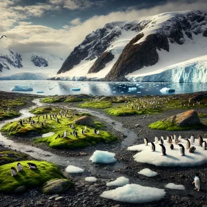Group of penguins gathered on a rocky shoreline with icebergs in the background.