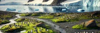 Group of penguins gathered on a rocky shoreline with icebergs in the background.