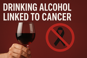 Graphic showing a hand holding a glass of red wine with a cancer awareness symbol and text about alcohol and cancer.