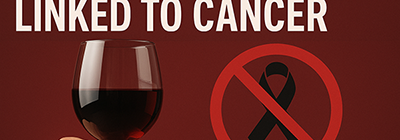 Graphic showing a hand holding a glass of red wine with a cancer awareness symbol and text about alcohol and cancer.