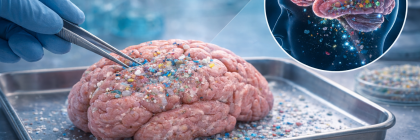 Antarctica Journal brain specimen on a metal tray with blue-gloved hands performing dissection; inset shows a magnified brain close-up.